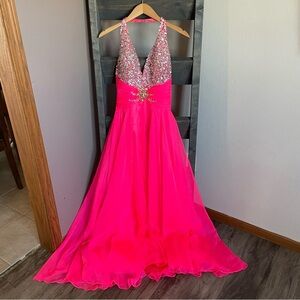 Mac Duggal Embellished Sequin Halter Chiffon Maxi Dress Hot Pink Formal Prom